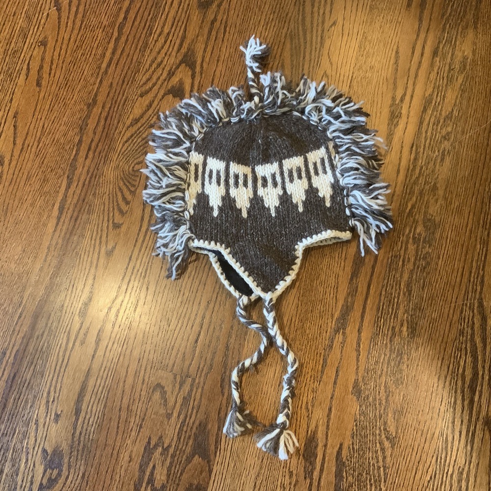 Knit Wool Peruvian‎ Style Earflap Hat With Mohawk Fringe Handmade In Nepal